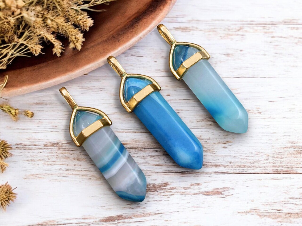 40mm Gold Tone Natural Blue Banded Agate Double Terminated Bullet Pendant
